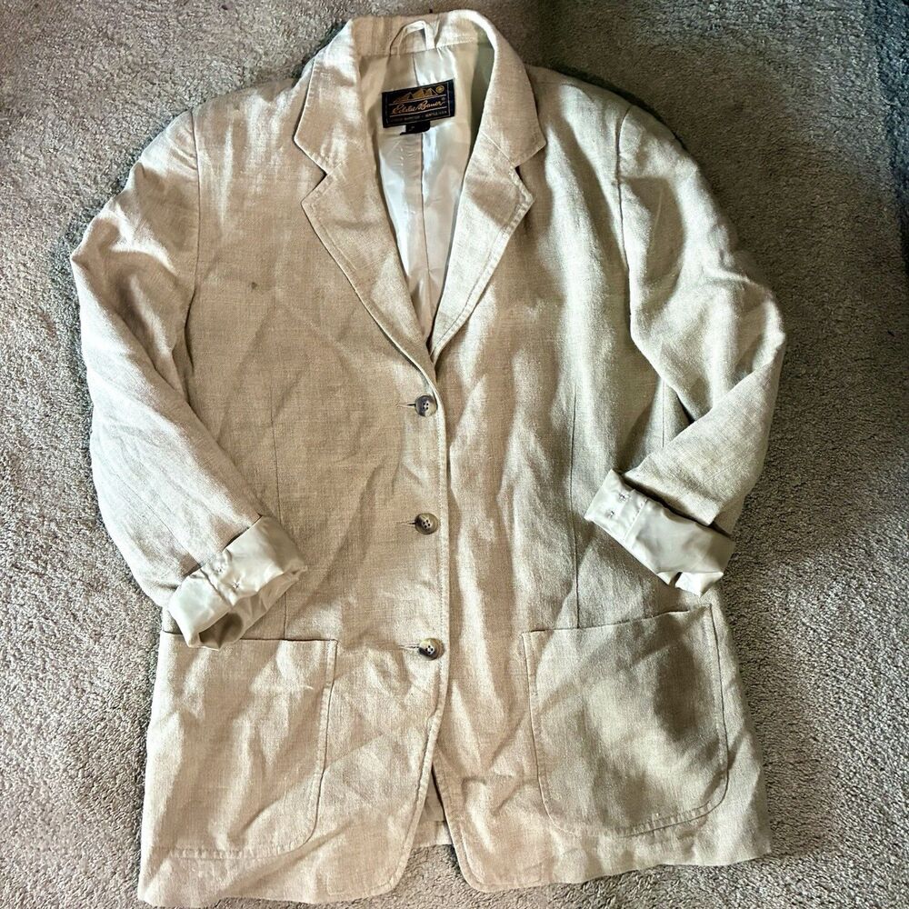 VTG Eddie Bauer 100% Linen 3 Button Blazer Jacket Medium Neutral Minimal Granola